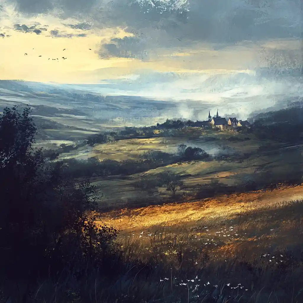 Blue hills and distant farms in a remembered countryside