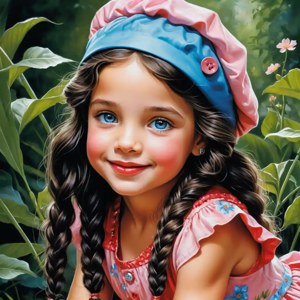 Smiling girl in red dress with pink beret crouching