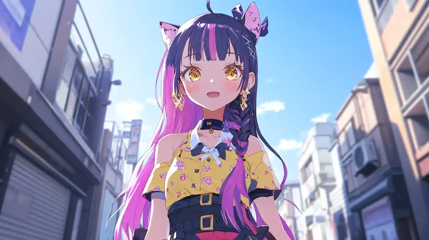 Anime girl with purple braid walking in city street