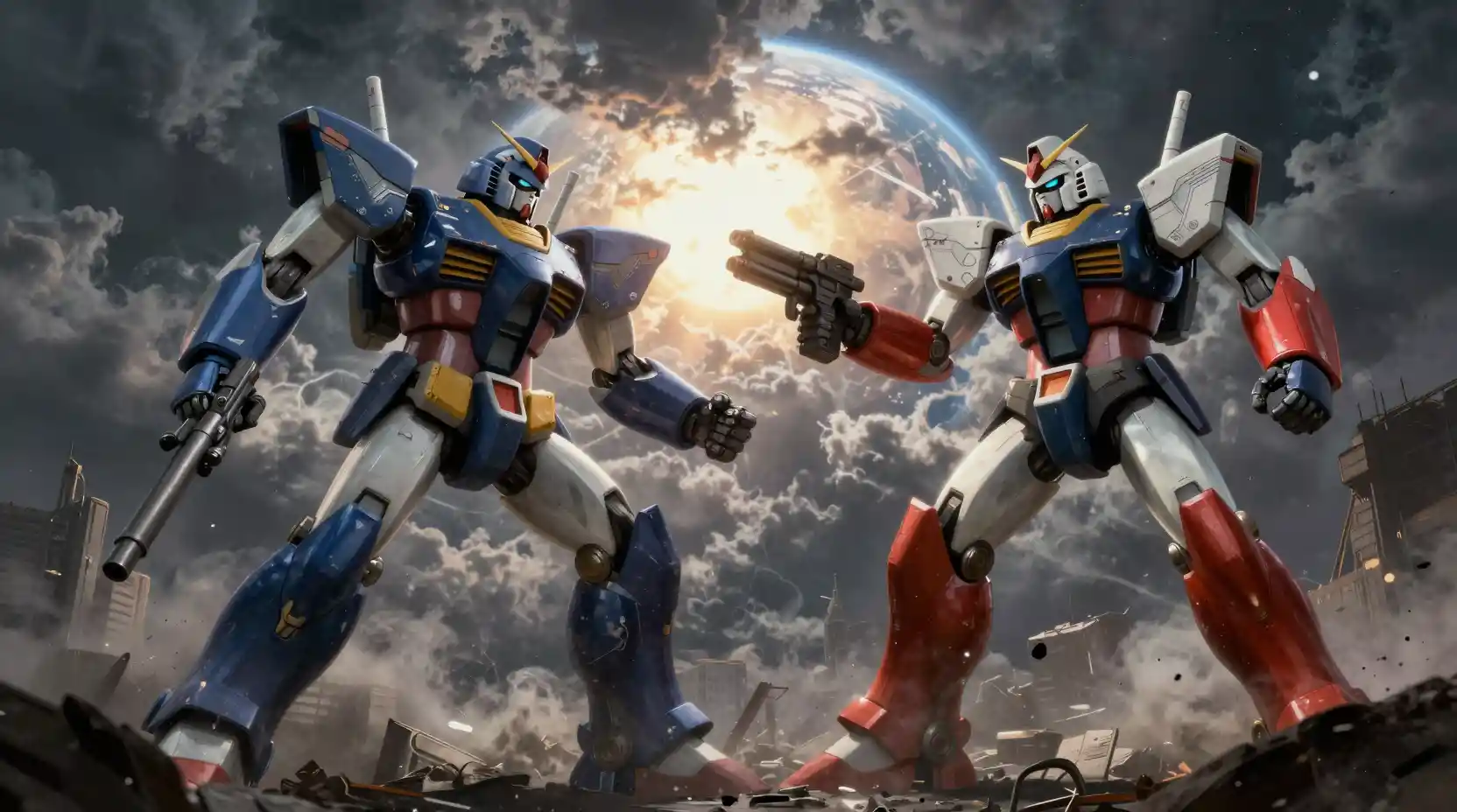 Two colossal battle robots clash on ruined Earth