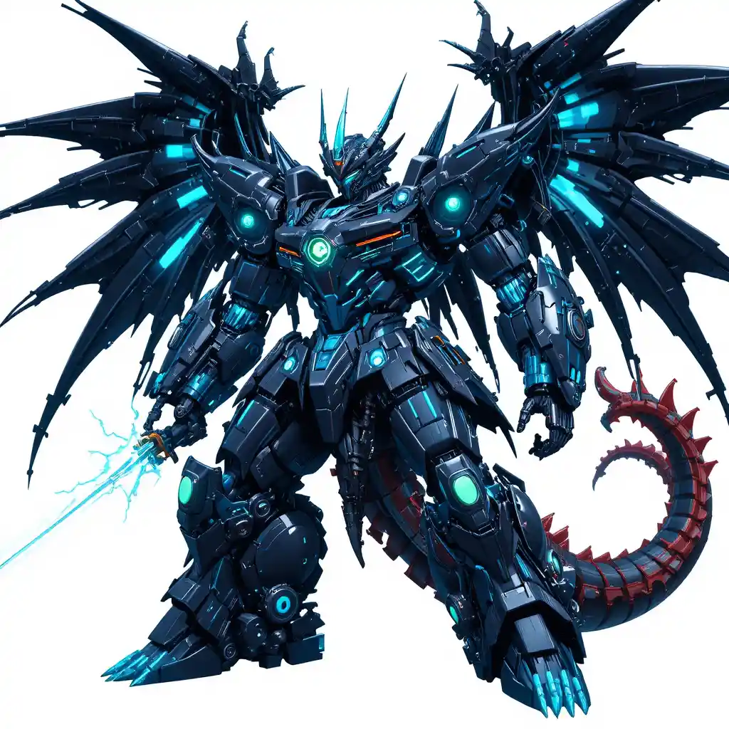 Giant neon mecha dragon with glowing blade and wings