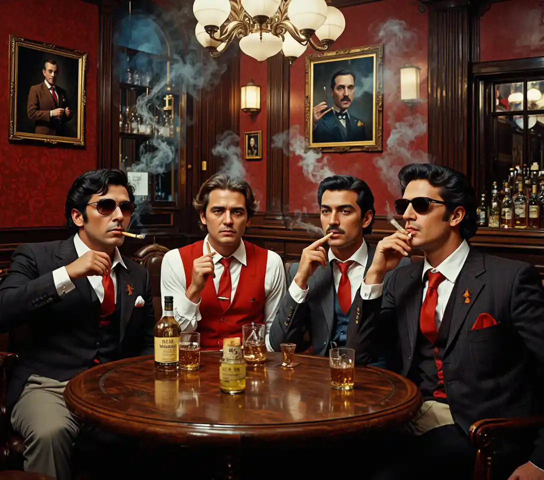 Four men in suits smoking cigars in a dark bar
