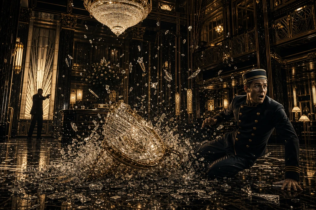 Art deco hotel lobby with fallen chandelier and gunman