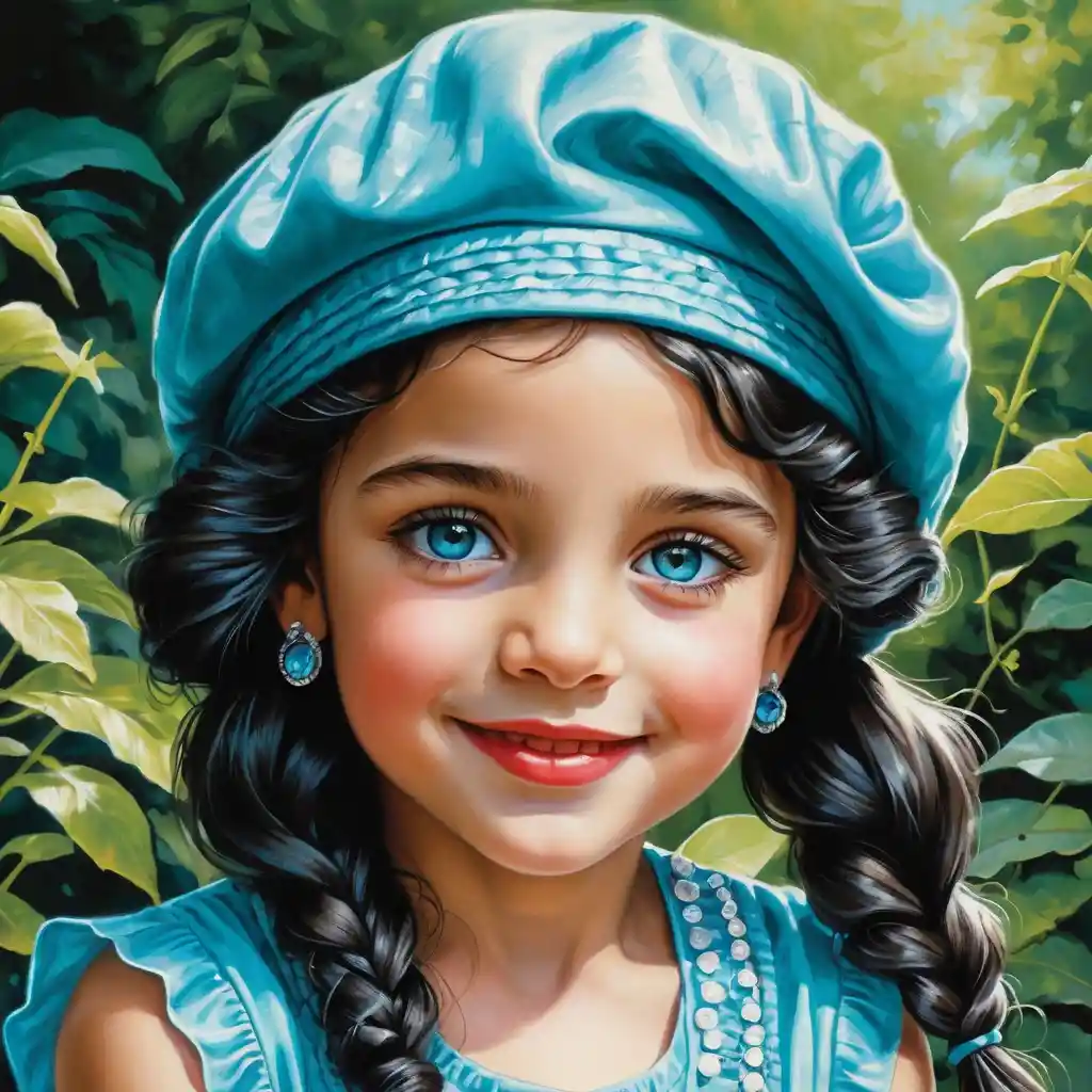Crouching girl with aqua beret and flowing black hair