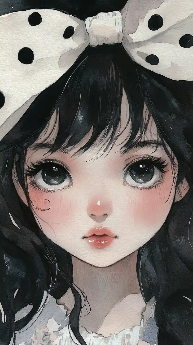 Manga watercolor portrait of a young girl with bow