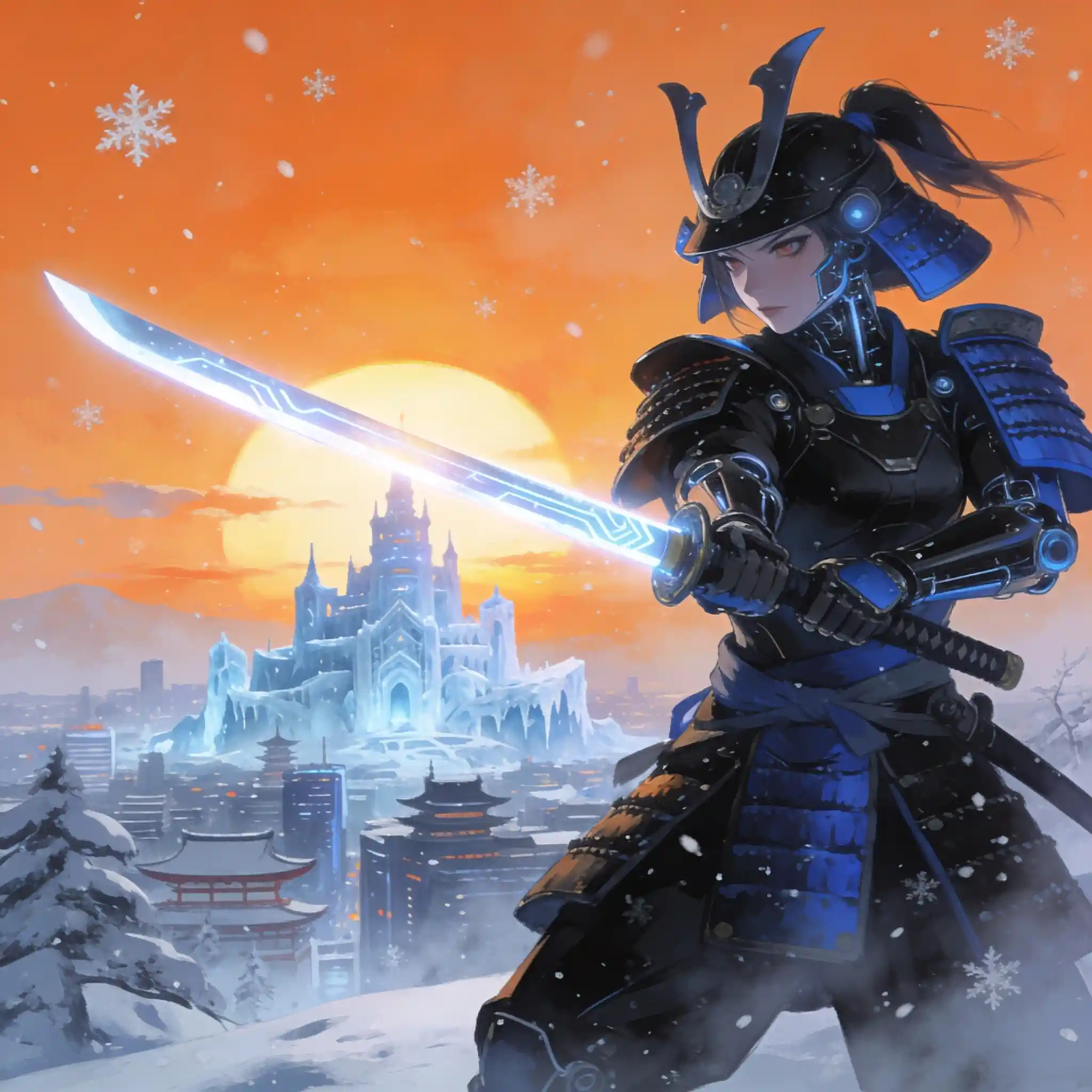 Futuristic robotic samurai woman in snowy sunset cityscape