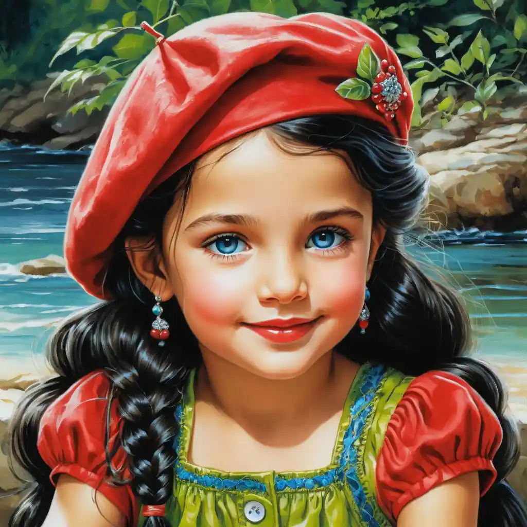 Smiling girl in red dress with braids and green beret