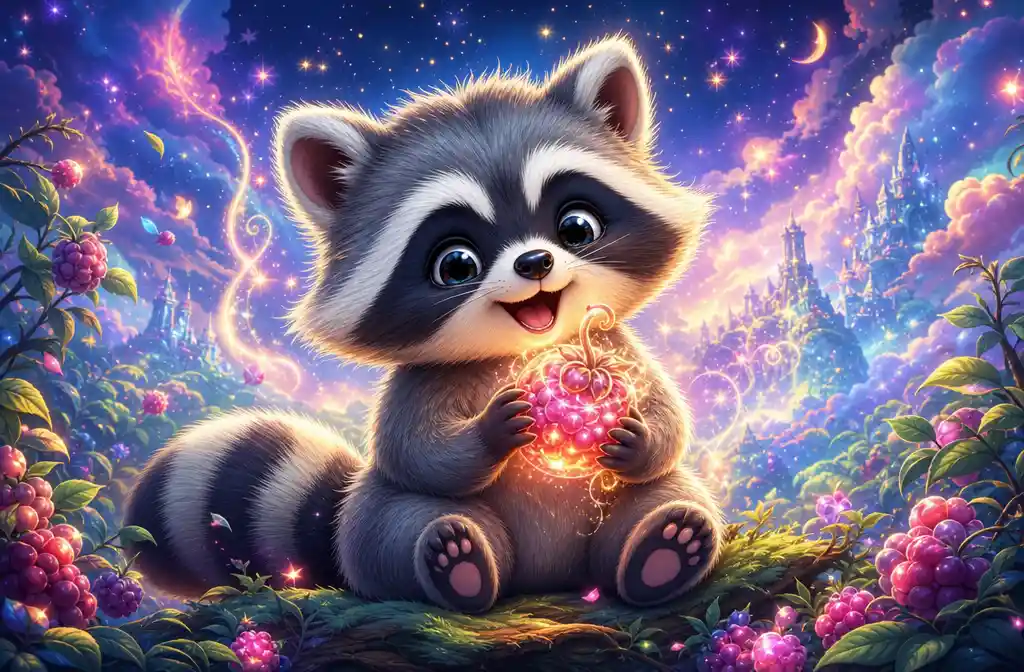 Cute baby raccoon holding a glowing magical berry