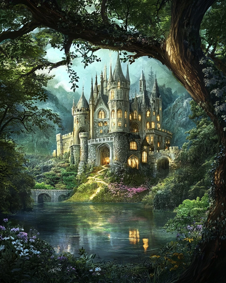 Castle in a valley framed by oak leaves and branches