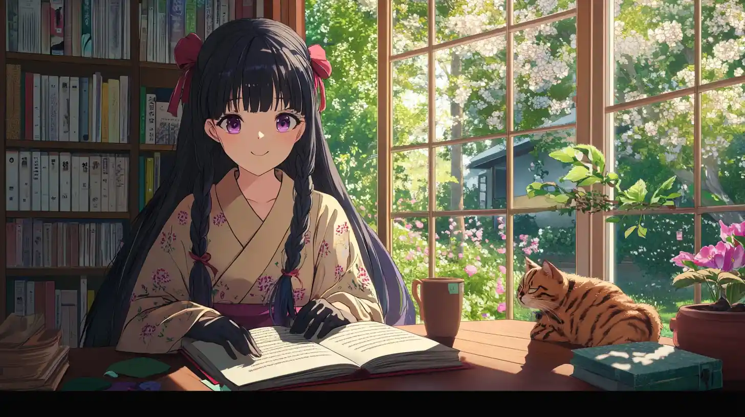 Anime girl reading in a cozy room with garden view