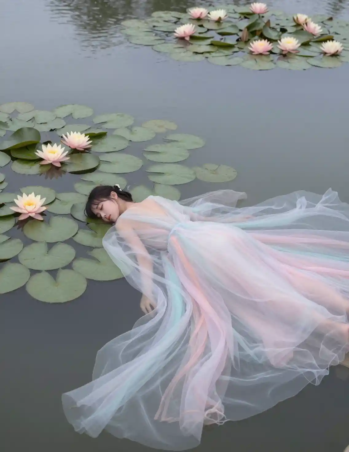 Dreamy Lake With Swirling Water Lilies In Soft Pastel Tones