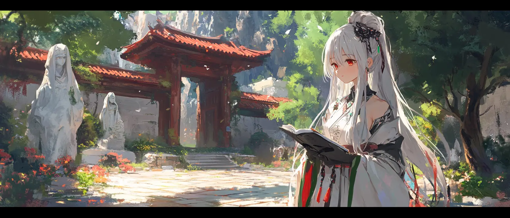Chica de anime con túnica blanca en el patio de un templo antiguo
