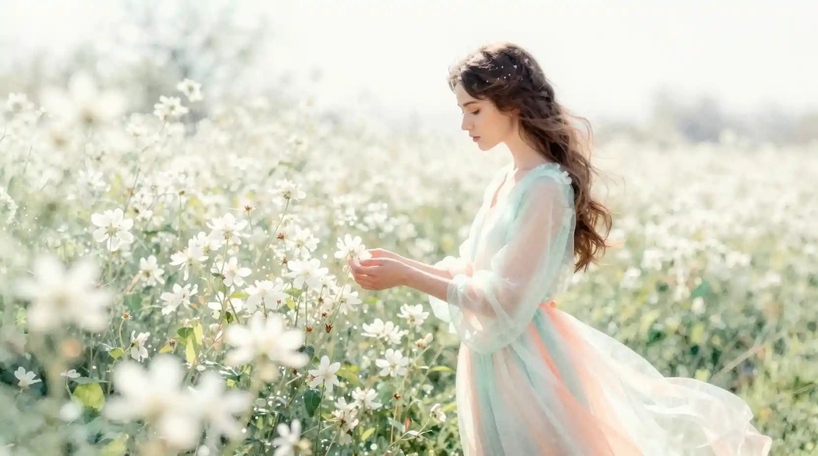 Young woman in a luminous white flower watercolor field