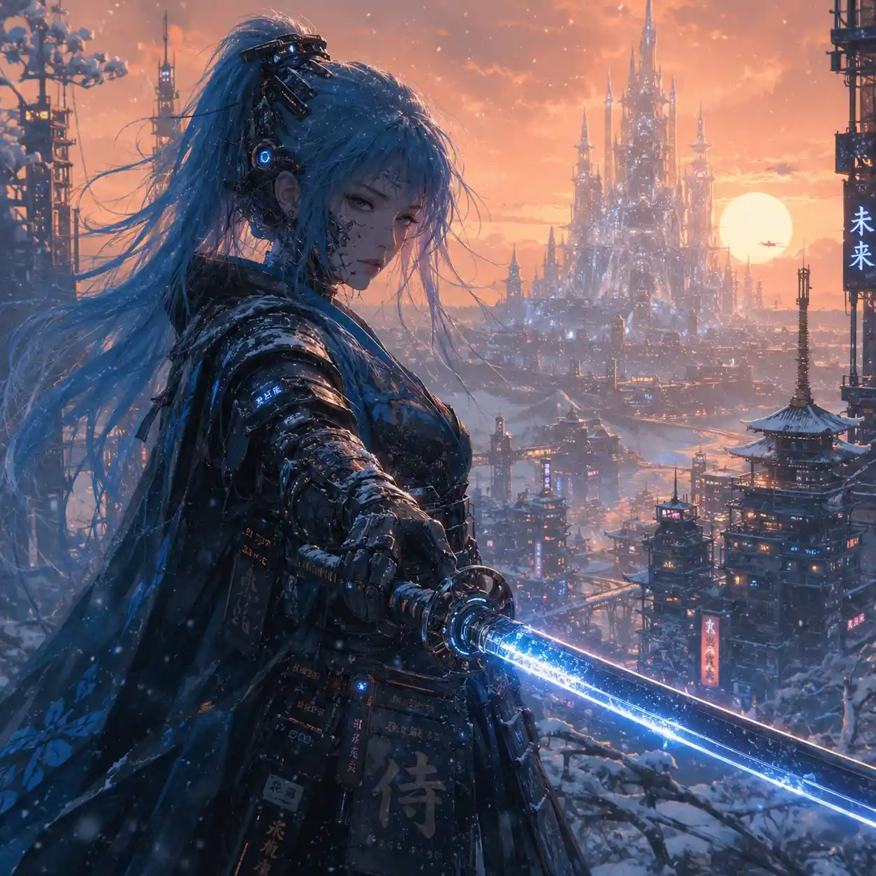 Cyborg samurai woman with lightsword in snowy future city
