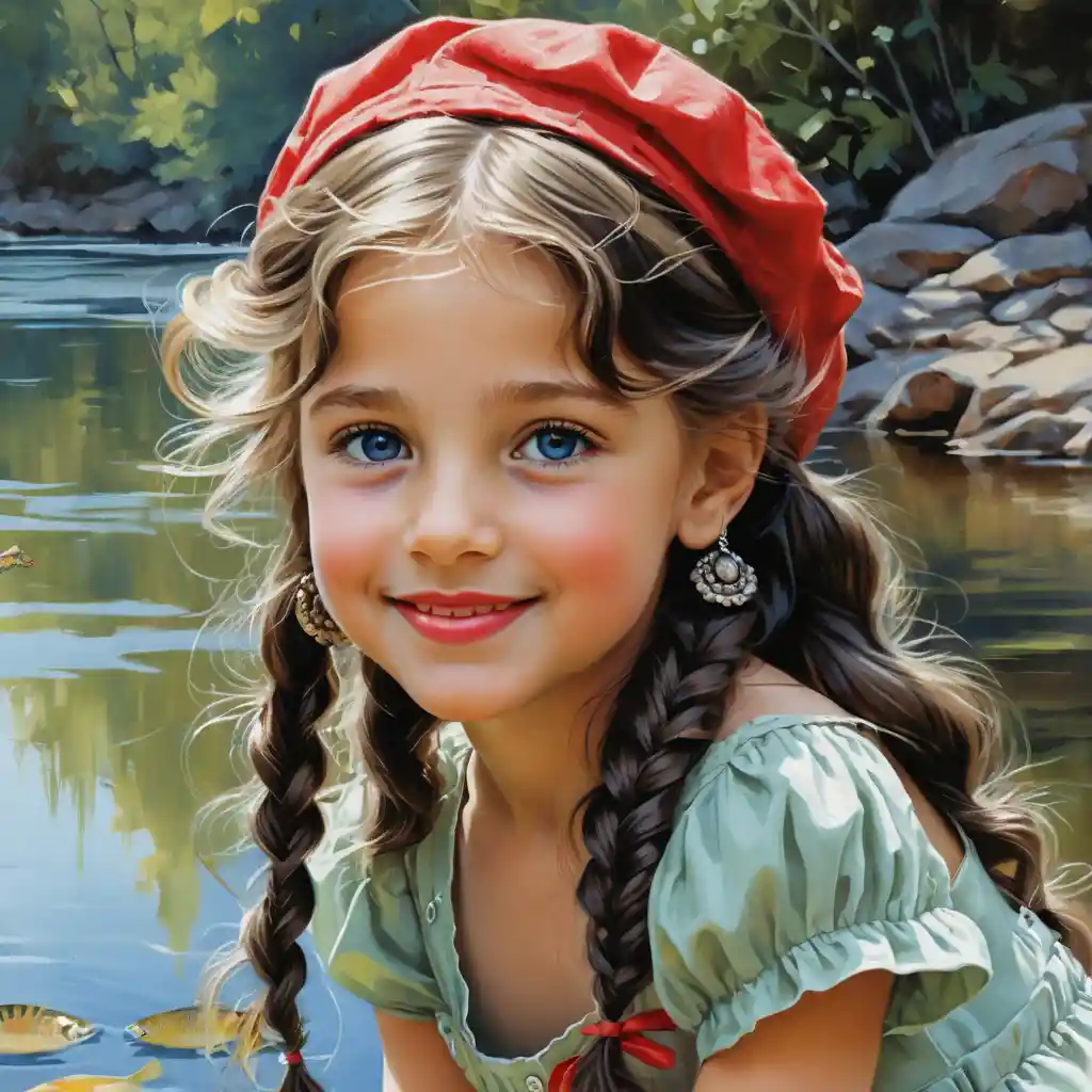 Smiling girl in red dress with lime green beret illustration