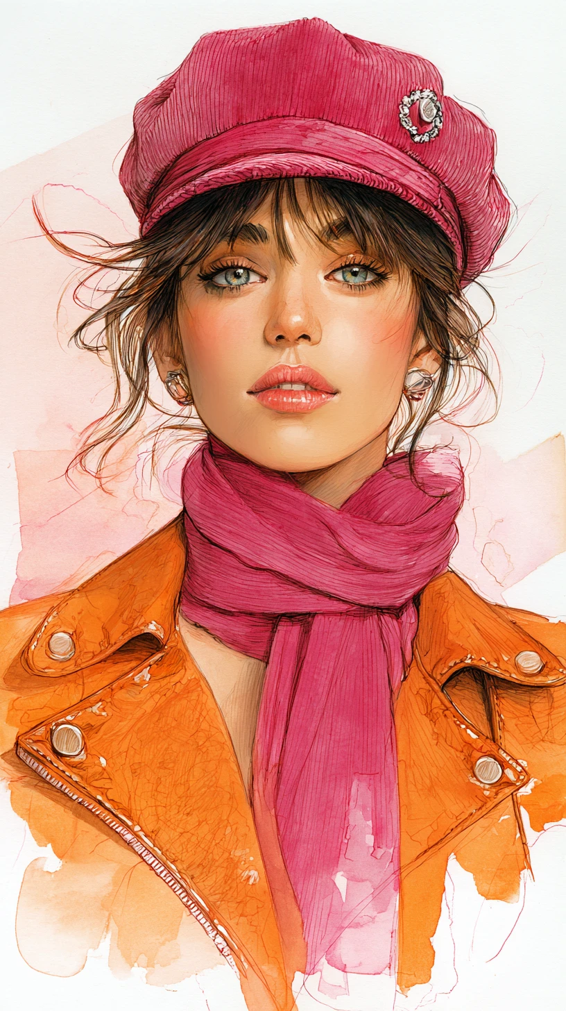 Donna elegante con berretto rosa e sciarpa – ritratto fashion