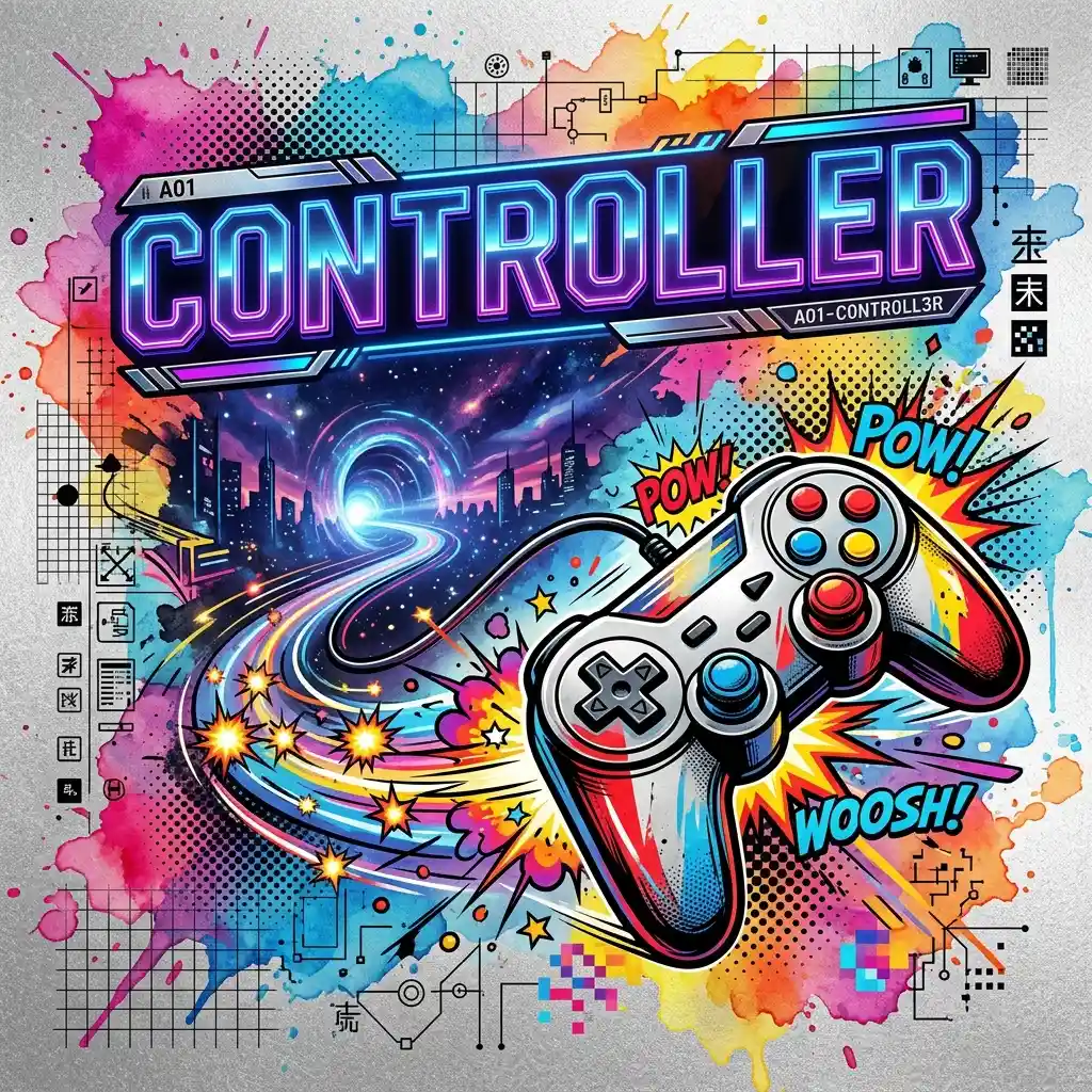 Pop art game controller with cyberpunk typography design