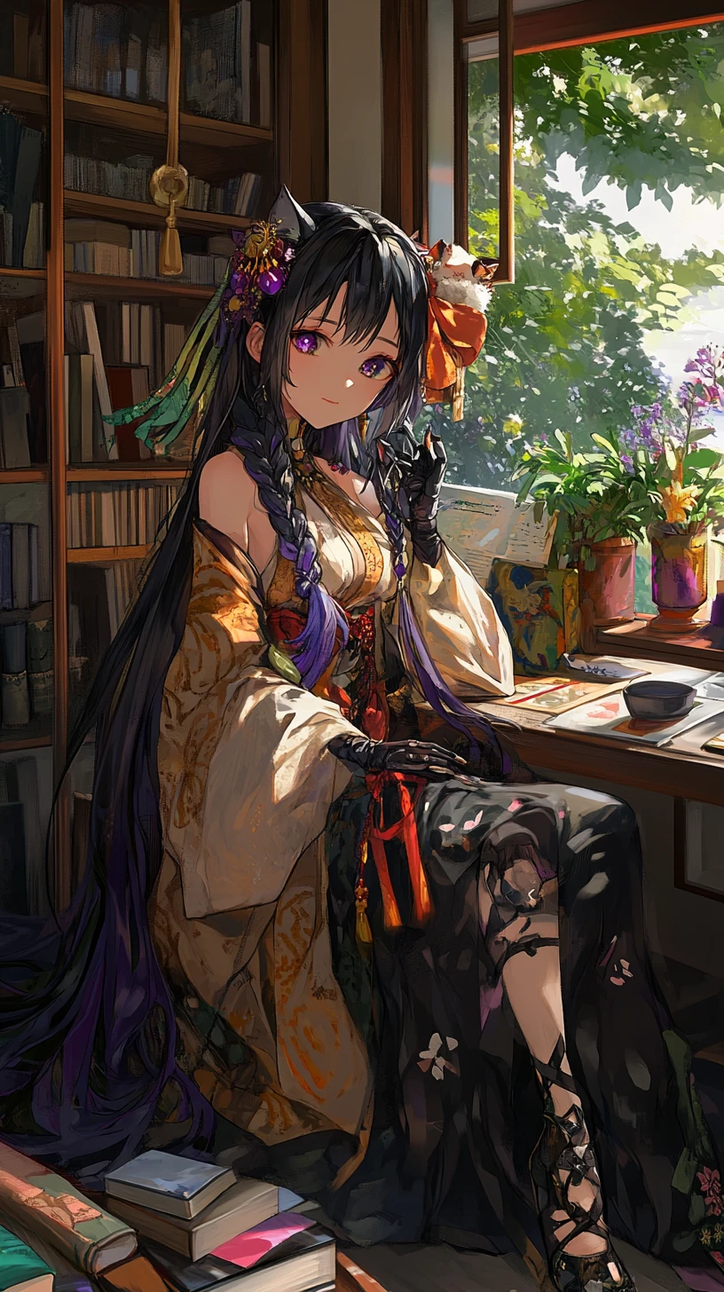 Anime-Mädchen liest in einem gemütlichen Zimmer mit Gartenblick