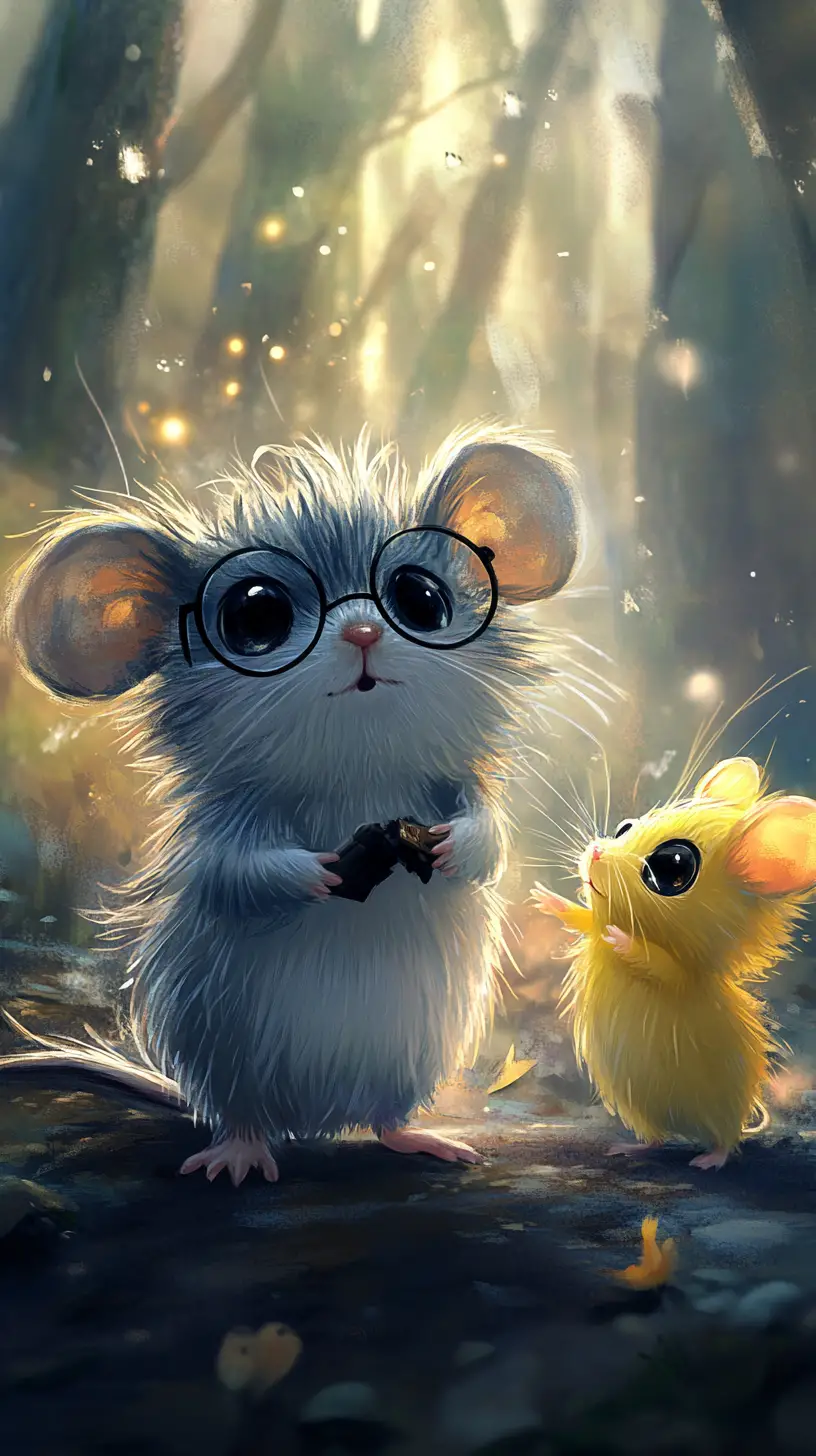 Rato cinza curioso com óculos em uma floresta luminosa