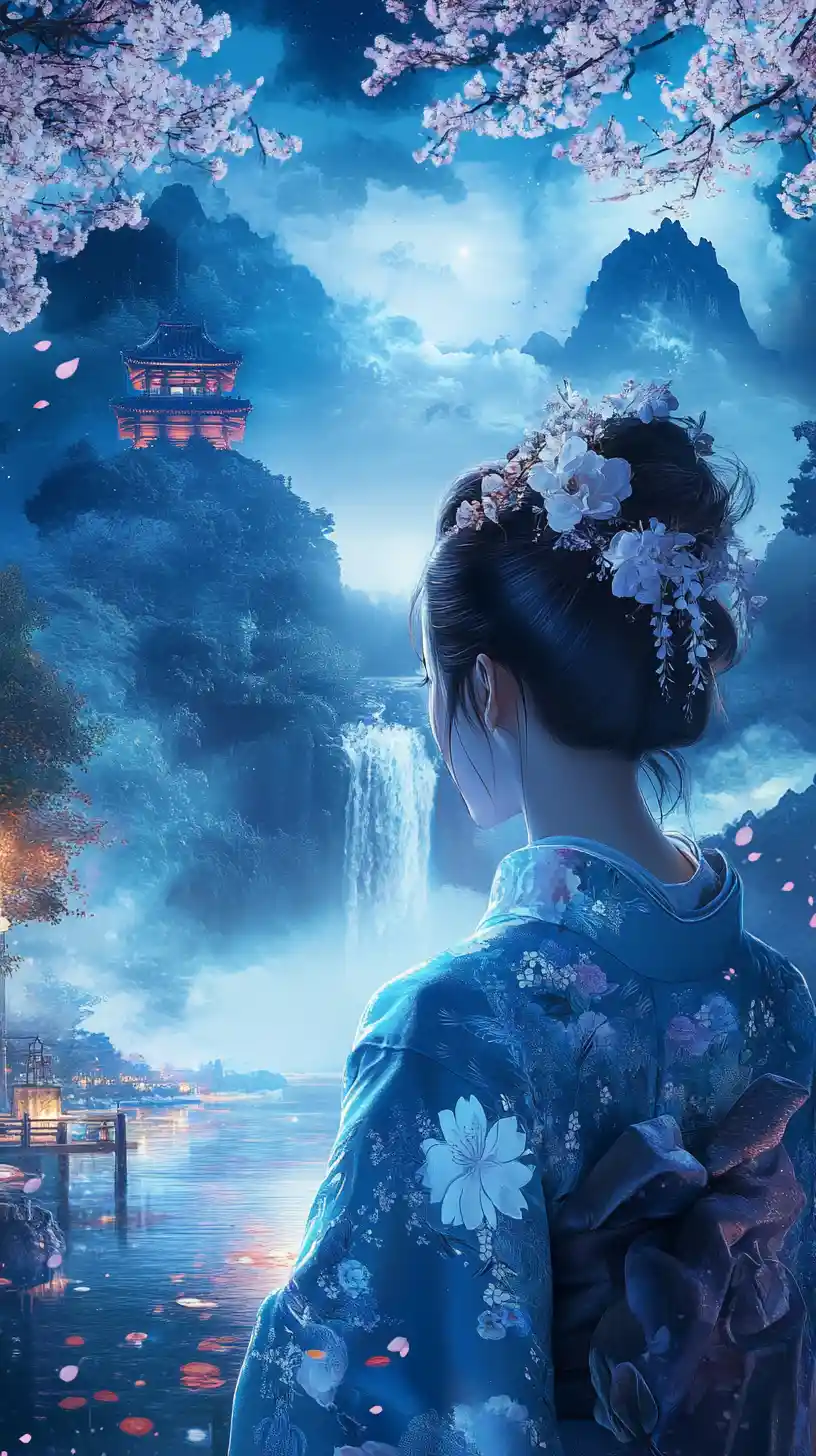 Woman in blue kimono facing a mystical mountain visage