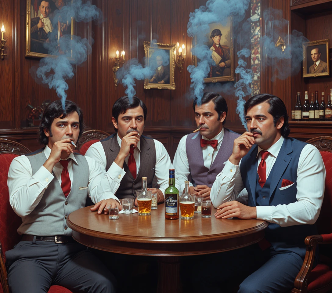 Four suited men smoking cigars in a dim bar interior