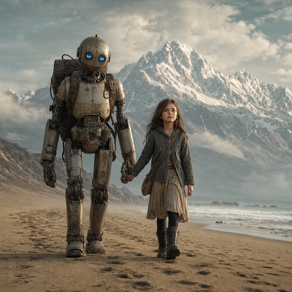 Robot and young girl walking together on a quiet beach