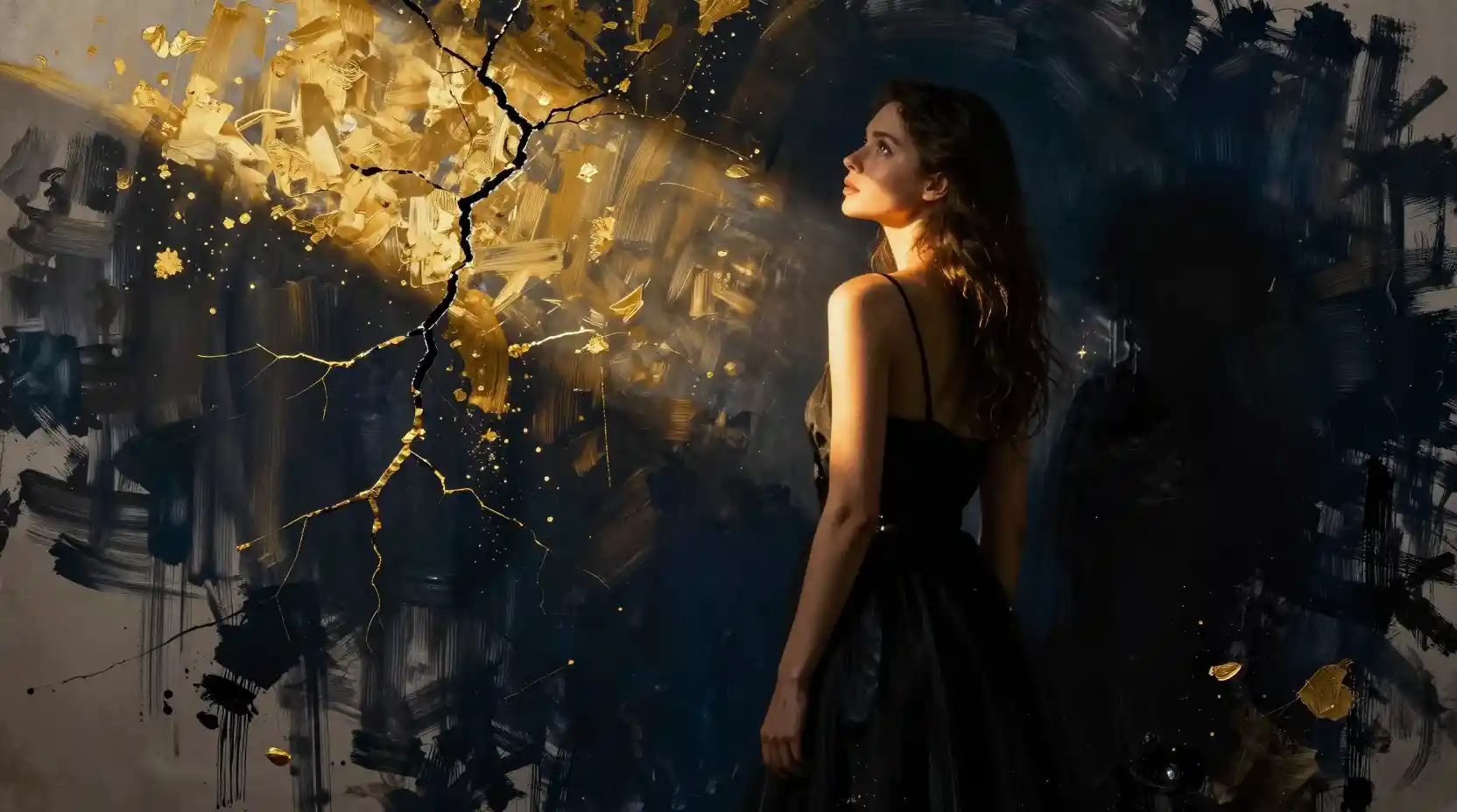 Young woman in profile under a dramatic beam of light