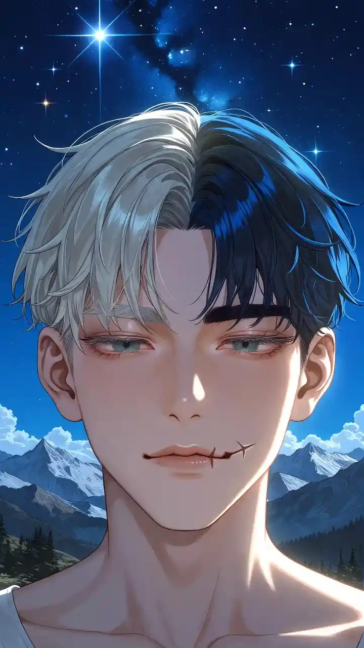 Serene young man in mountains under a starry night sky