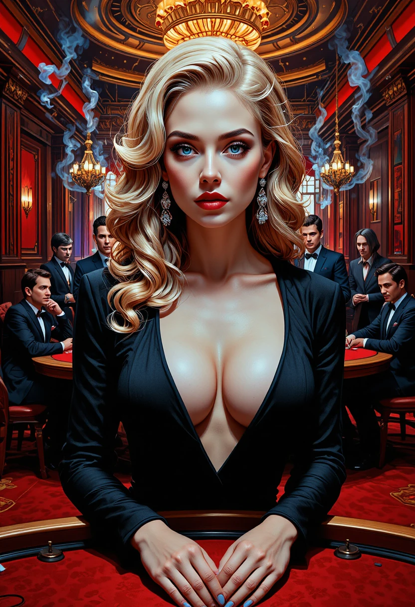 Glamorous blonde woman in black dress at casino