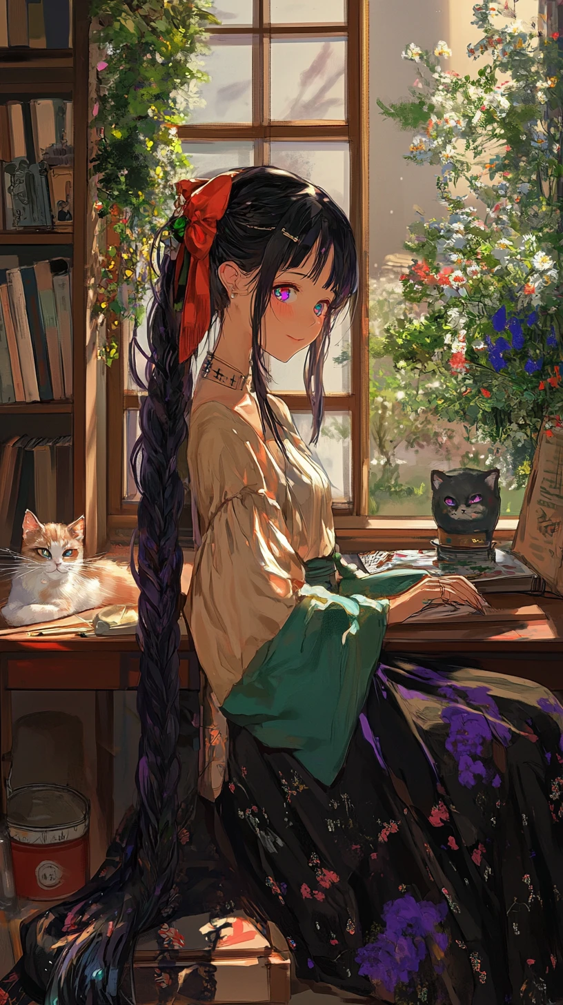 Anime girl reading in a cozy study room with garden view