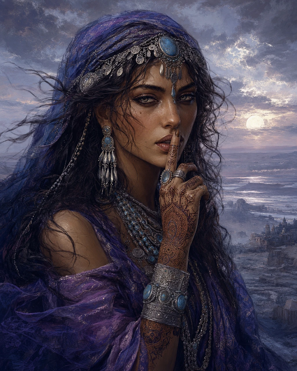 Mysterious desert queen with silver and turquoise jewelry