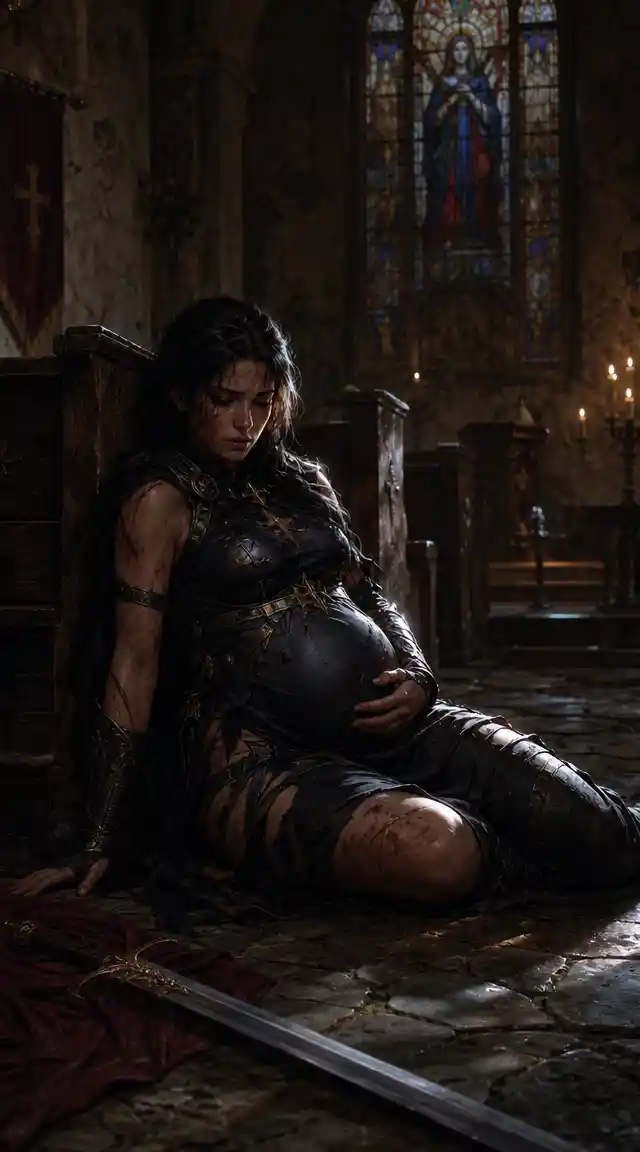 Pregnant warrior woman lying wounded in a dim church