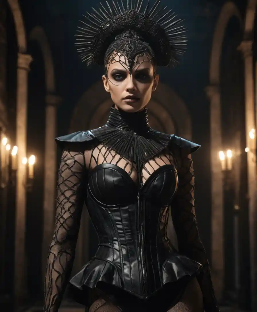 Enigmatic surreal guardian woman in a dark vibrant scene