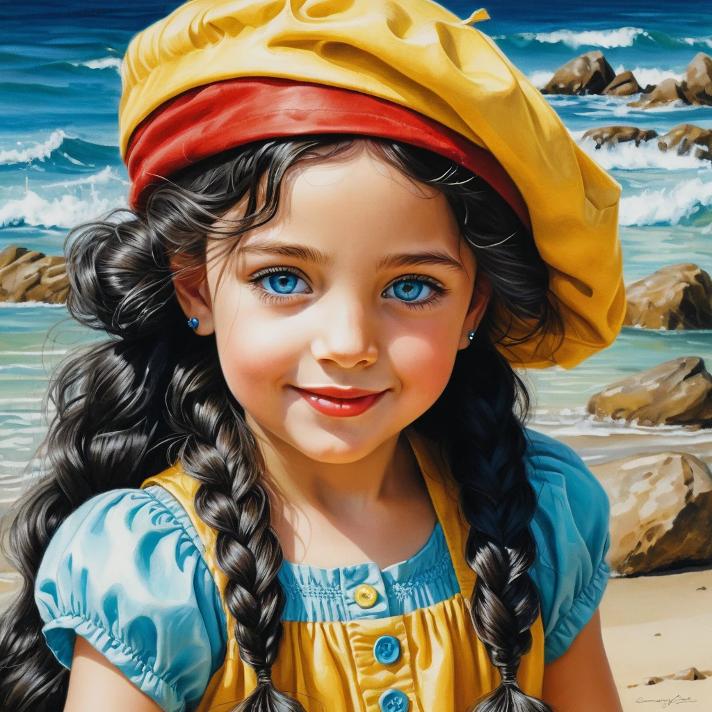 Smiling girl in beret and summer dress crouching in profile