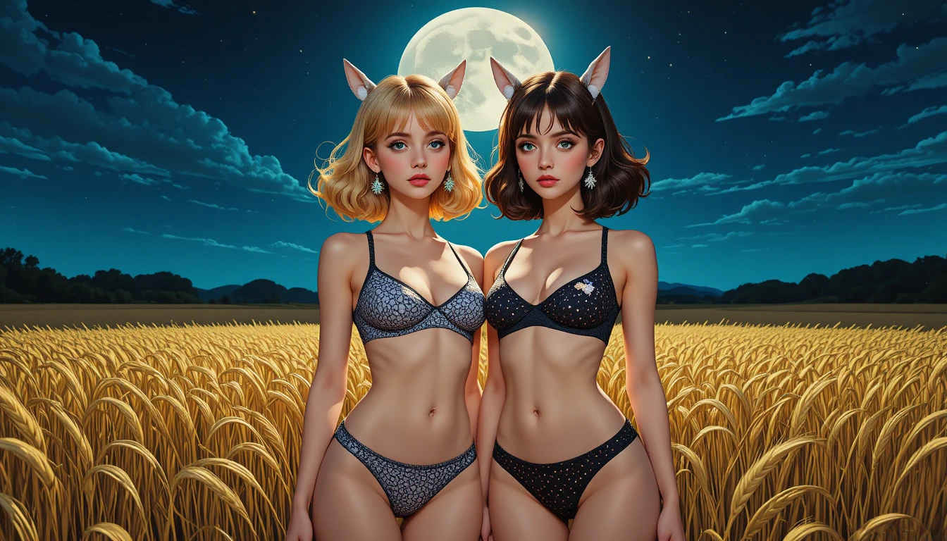Mulheres de anime em biquínis de lã sob uma lua brilhante
