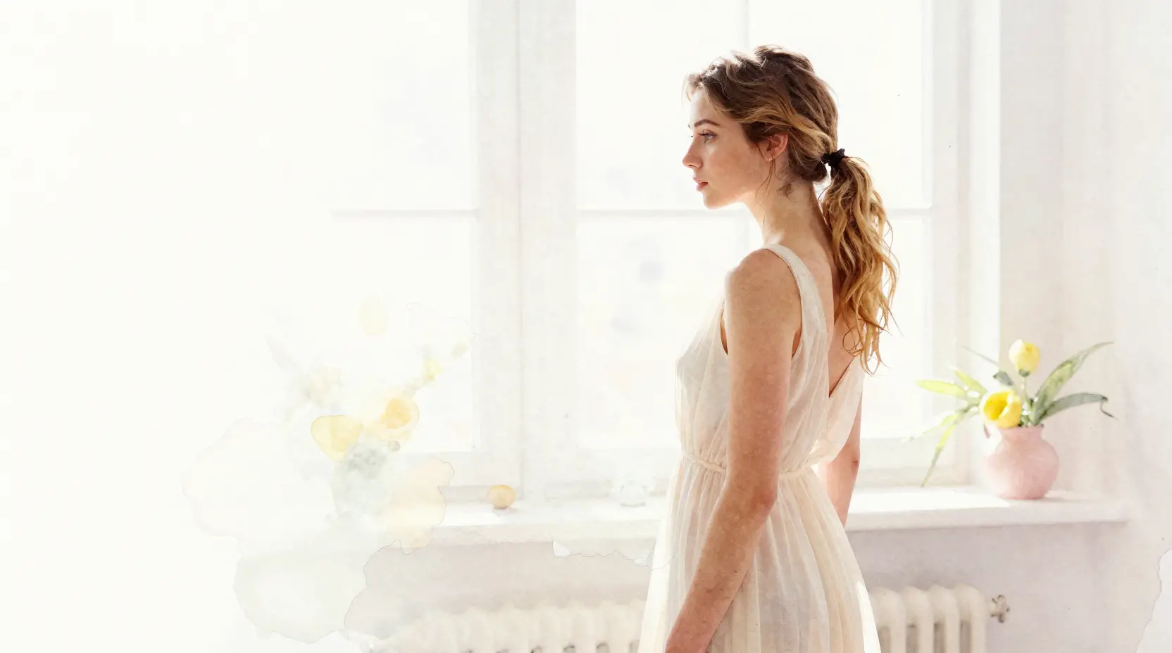 Young woman in a pale watercolor profile in white light