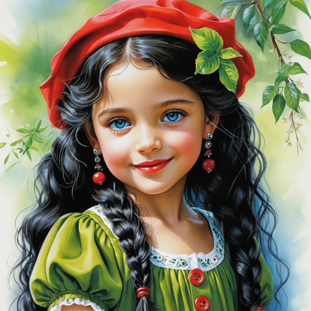 Smiling girl in red summer dress with lime green beret