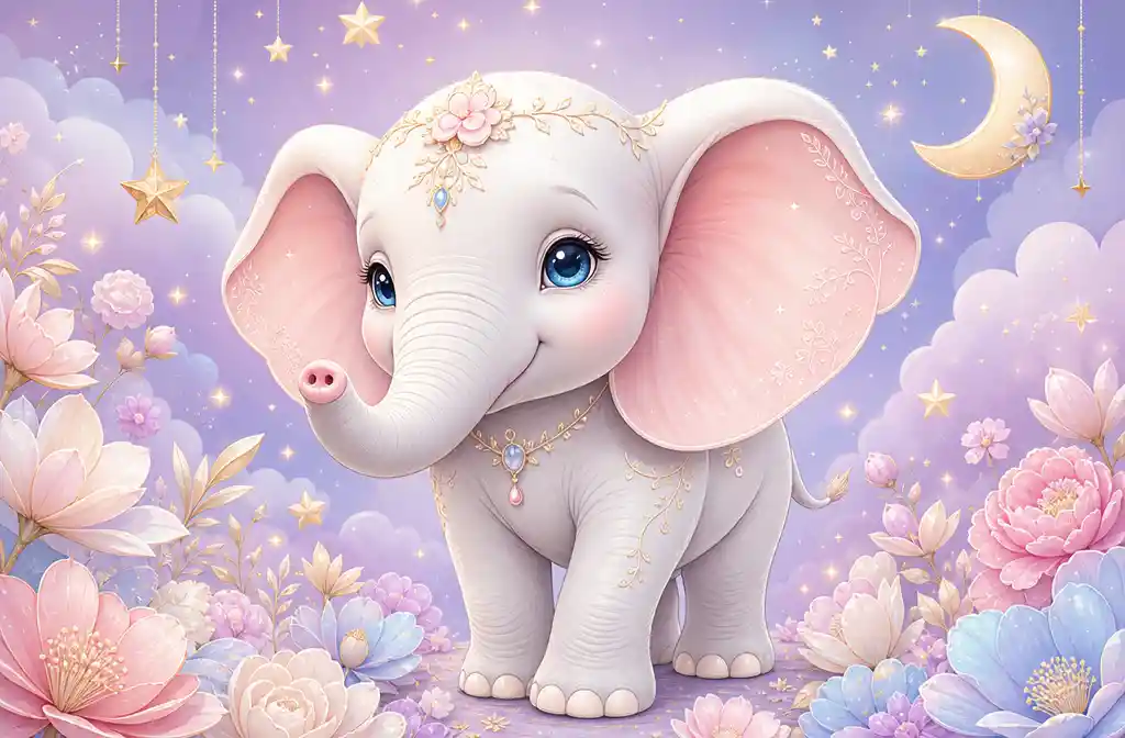 Ilustración de tierno elefantito bebé en habitación infantil floral en tonos pastel