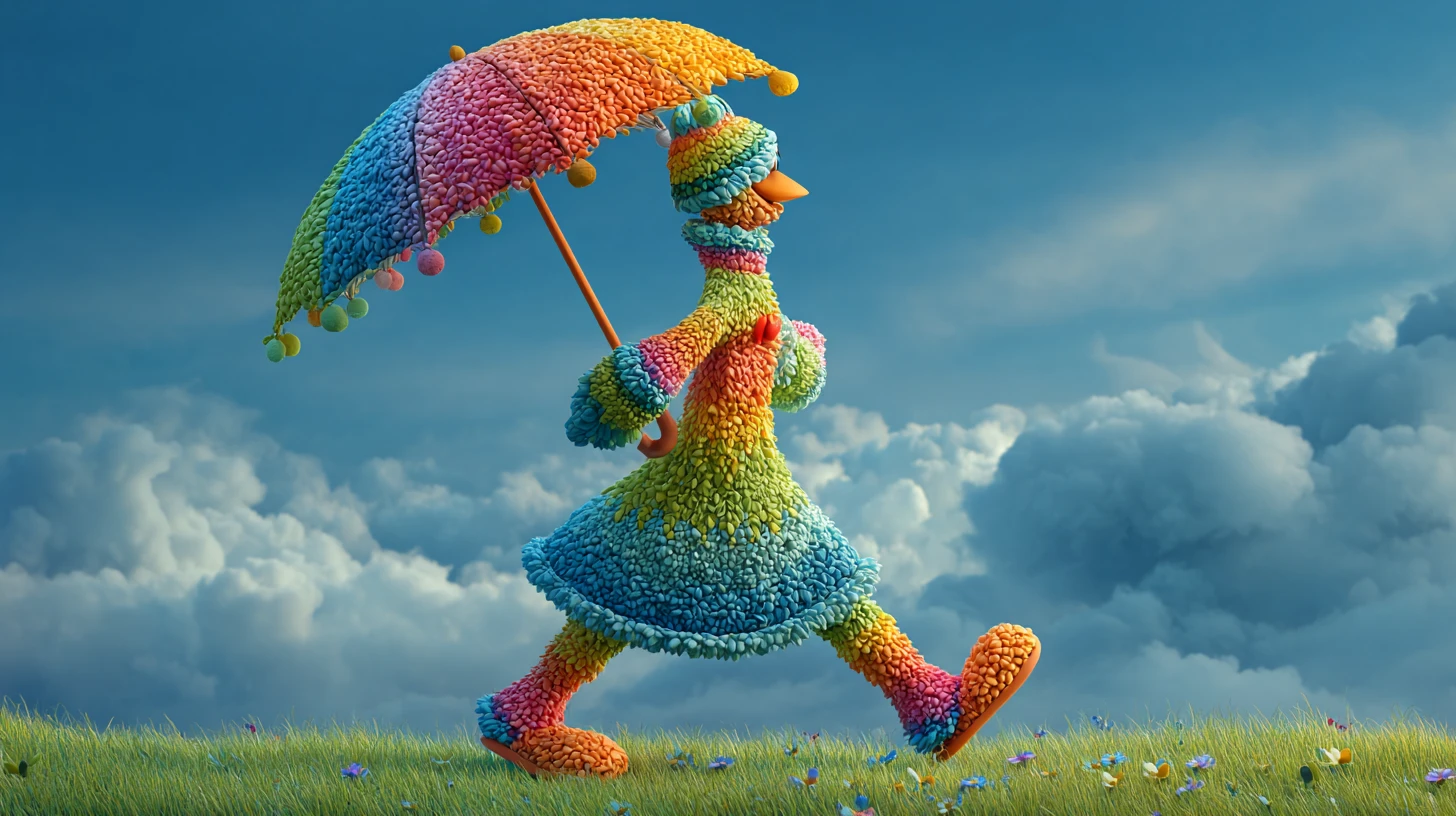 Whimsical Clay Woman With Colorful Umbrella In Nature