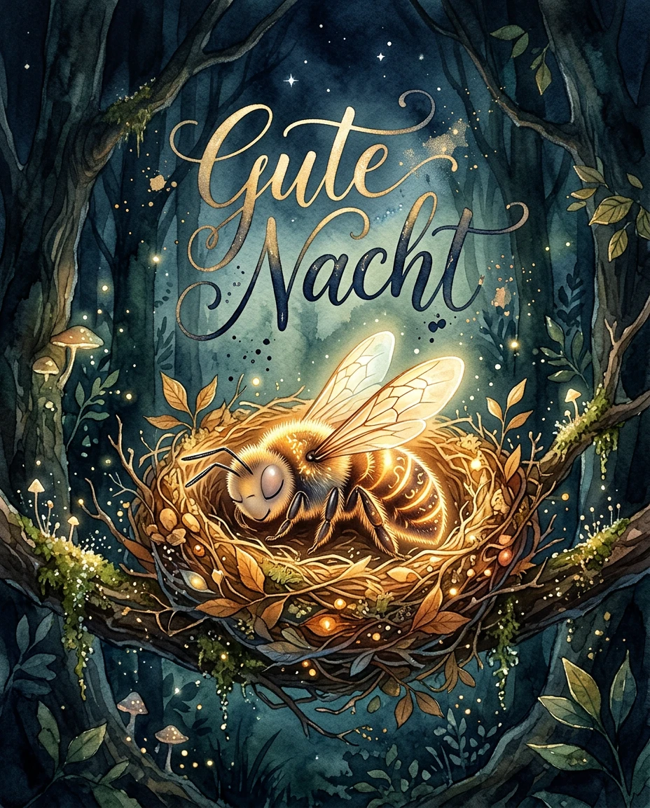 Glowing bee sleeping in a dark forest nest illustration