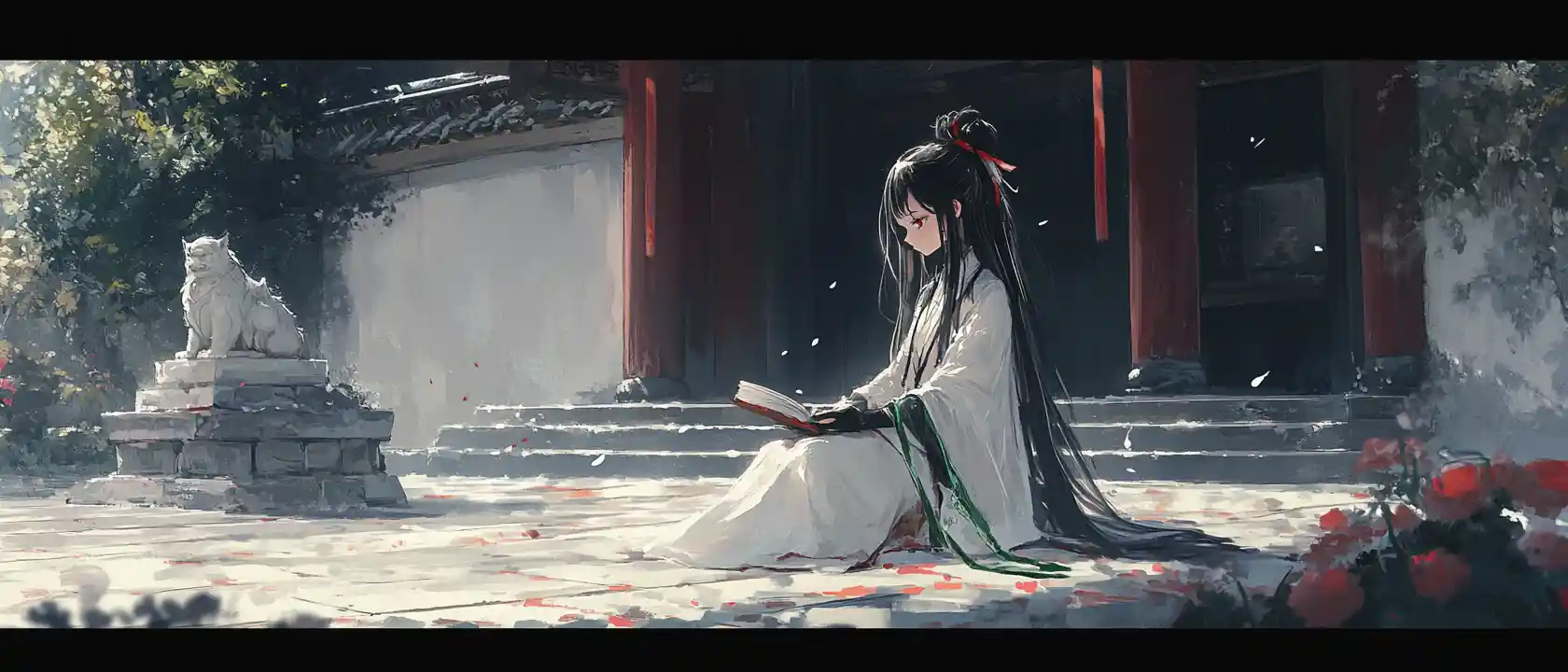 White haired anime girl in robes in a cliffside temple courtyard