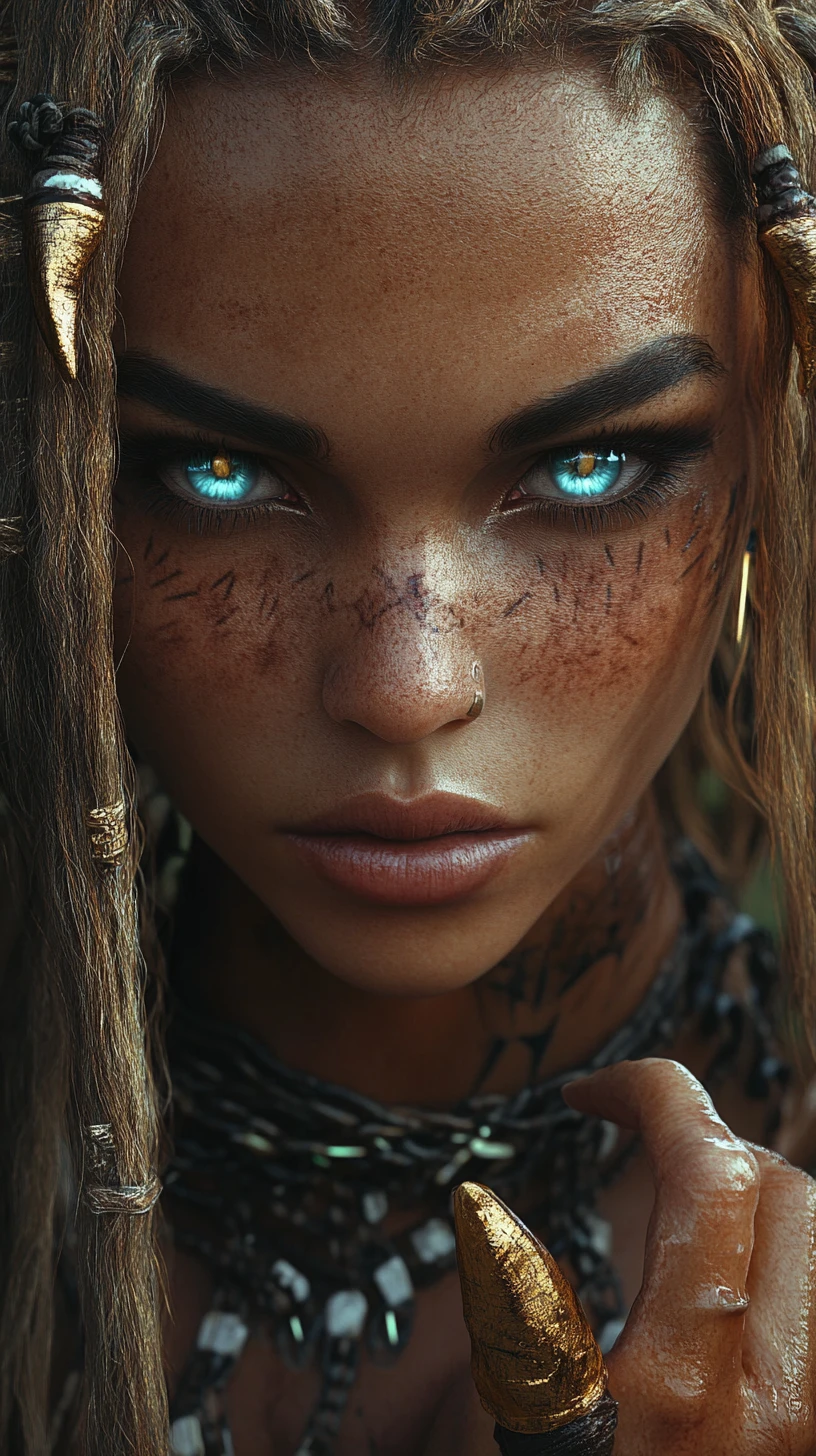 Mystical girl with glowing blue eyes and golden claws