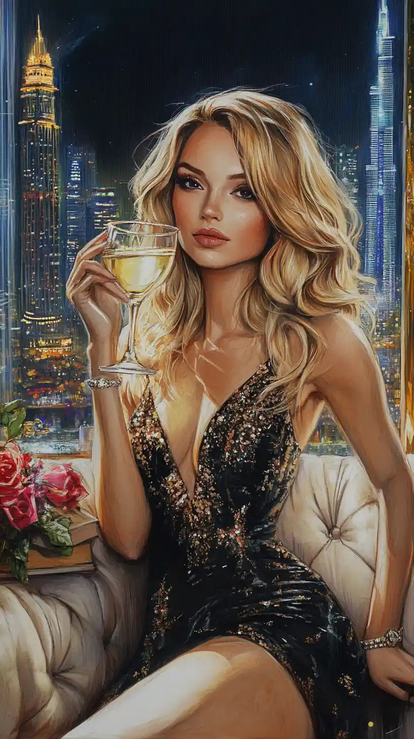 Elegant woman relaxing with wine above the Dubai skyline