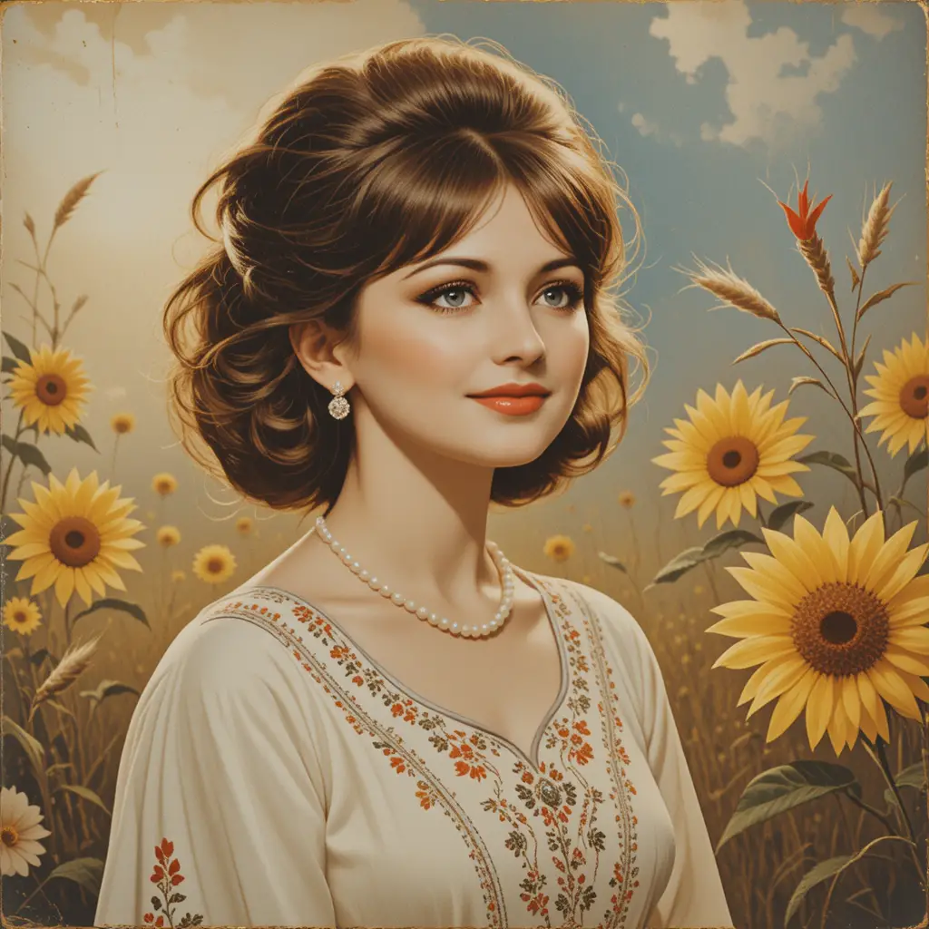 Cantante ucraina vintage su romantica copertina di disco con girasoli