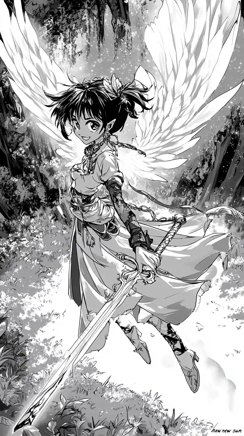 Girl swinging a sword under a glowing crystal garden