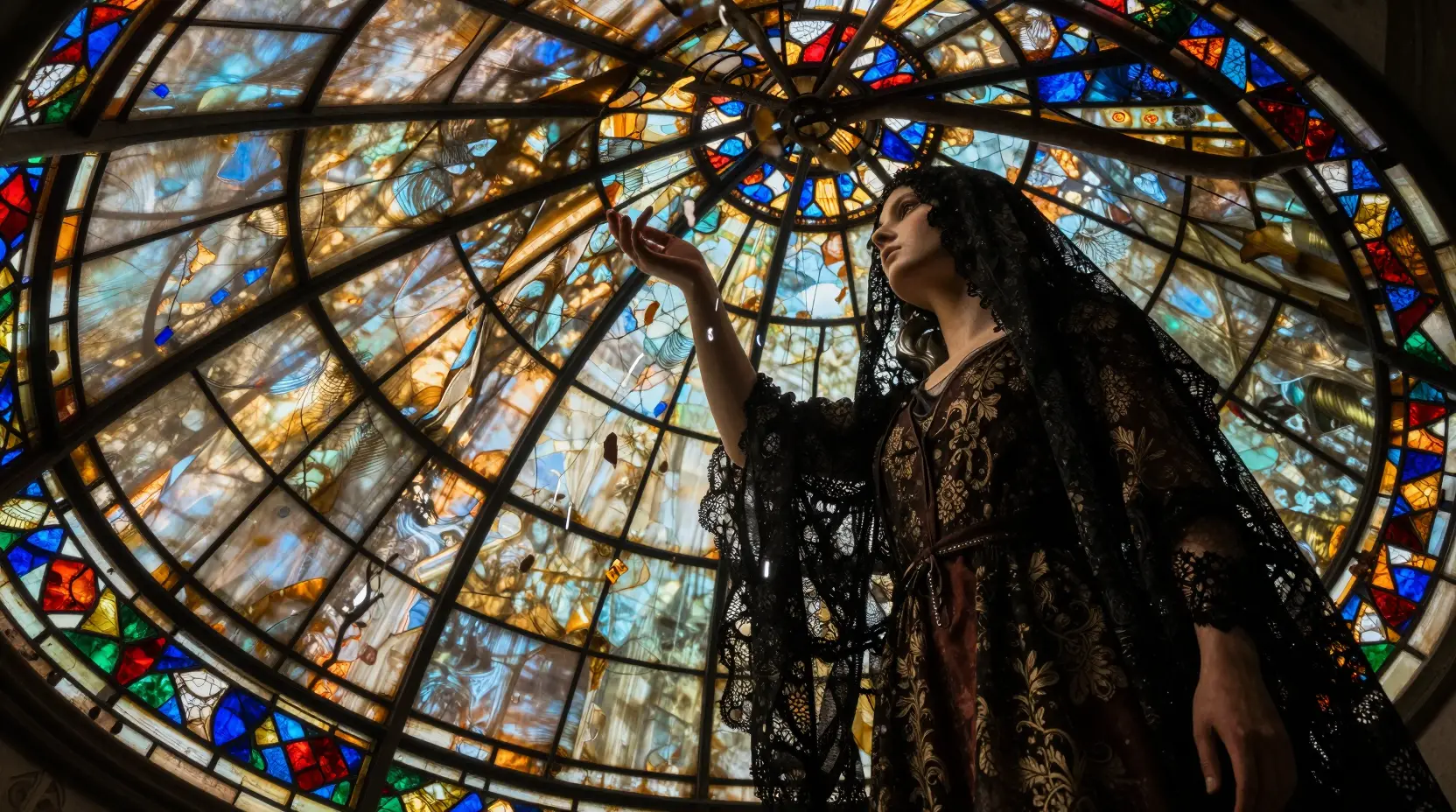 Low angle view of stained glass ceiling collapsing inward