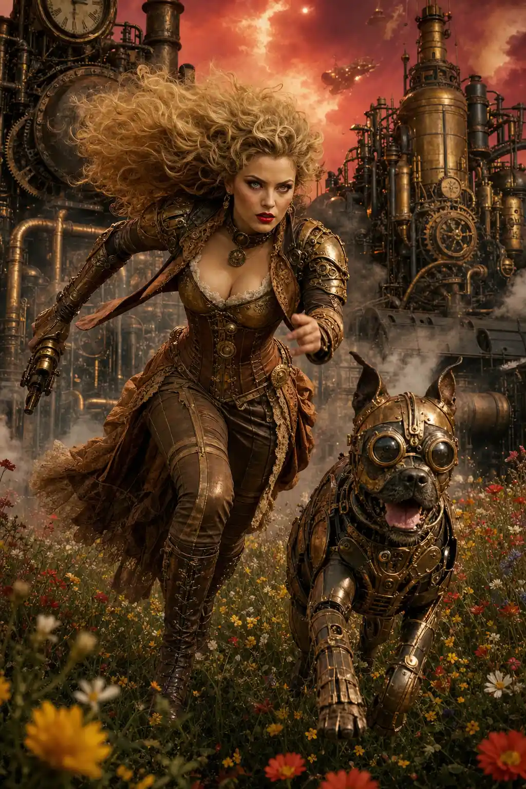 Steam powered woman running through wildflower steampunk field