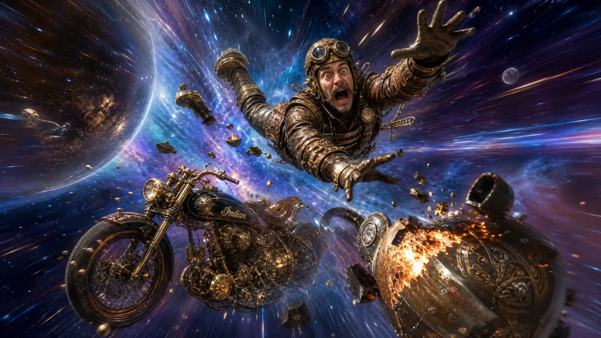 Steampunk rider and motorcycle tumbling through outer space