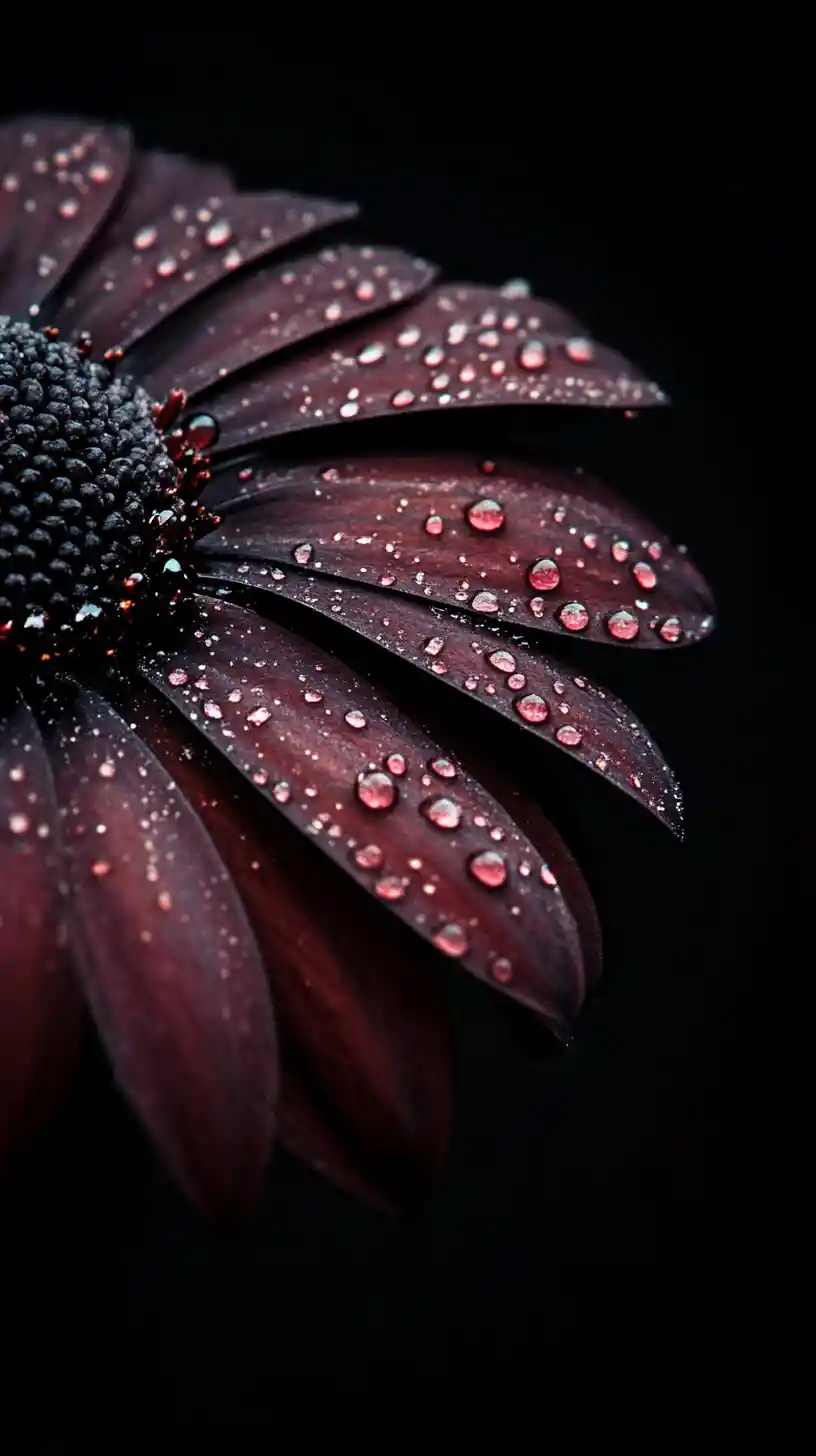 Close up dark daisy petal with dewdrops on black background