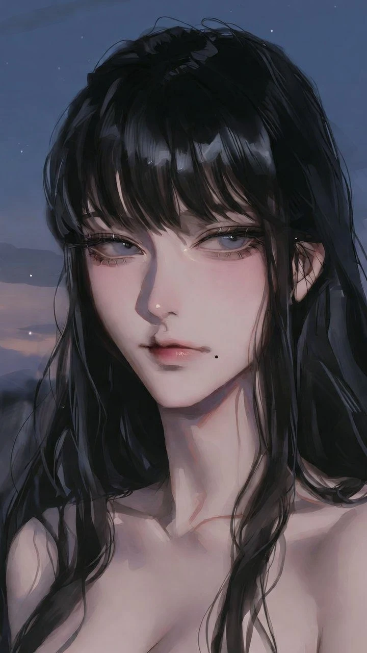 Elegant anime girl under a clear dusk night sky
